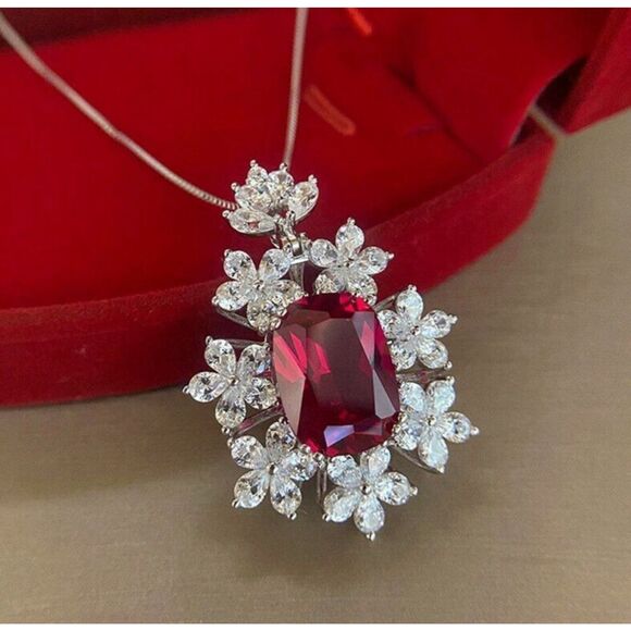 Boutique Jewelry - 💋Sparkling Ruby Red Floral Cz Diamond Pendant  Silver Hypoallergenic Necklace